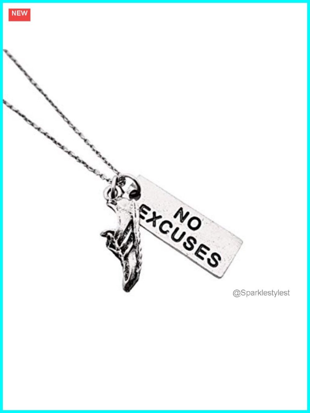 Pewter NO EXCUSES Pendant with Running Shoe Charm 18" Stainless Steel Necklace